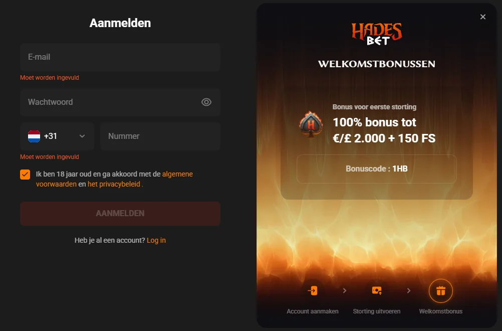 Hadesbet Casino aanmelden welkomstbonus Hadesbet Casino aanmeldformulier met welkomstbonus voor eerste storting