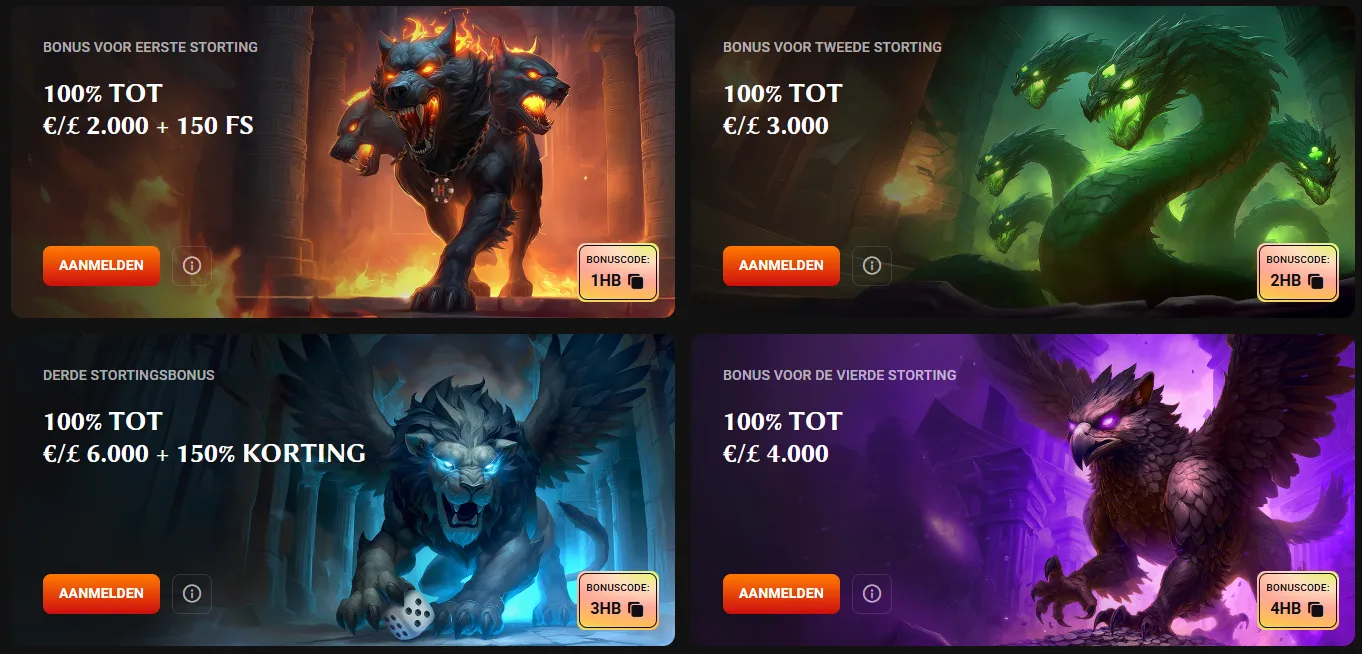 Hadesbet Casino stortingsbonussen Hadesbet Casino stortingsbonussen met Cerberus, hydra, leeuw en griffioen